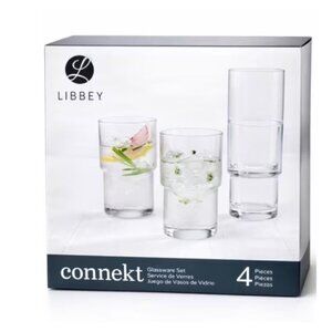 Libbey Connekt Glassware Set 4-Piece 16oz Durable Clear Stackable Drinking Glass